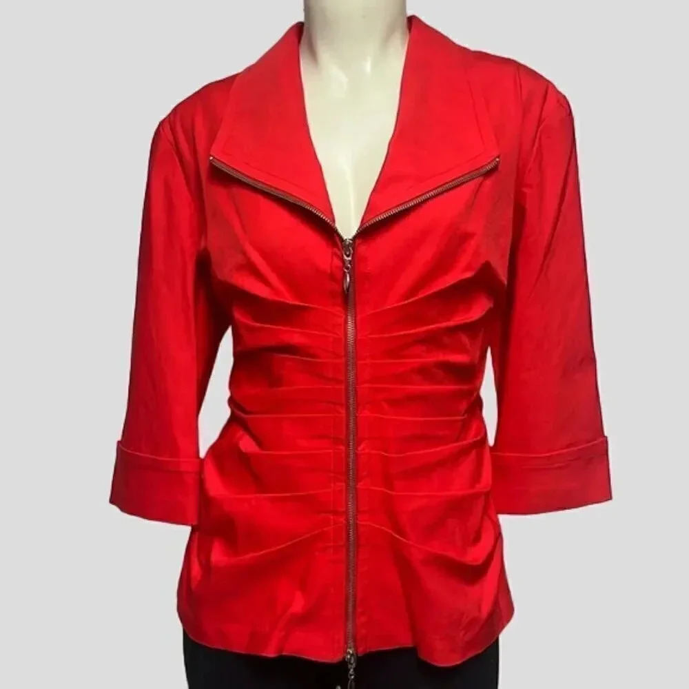 NWT Joseph Ribkoff Ruched Red Front Collared Zipper Jacket